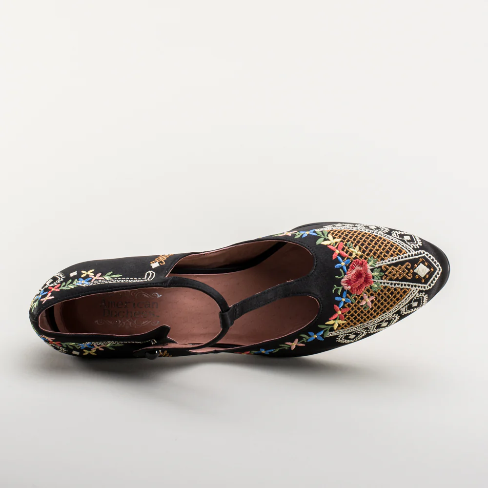 Daisy Embroidered T-Straps (Black) - Image 11