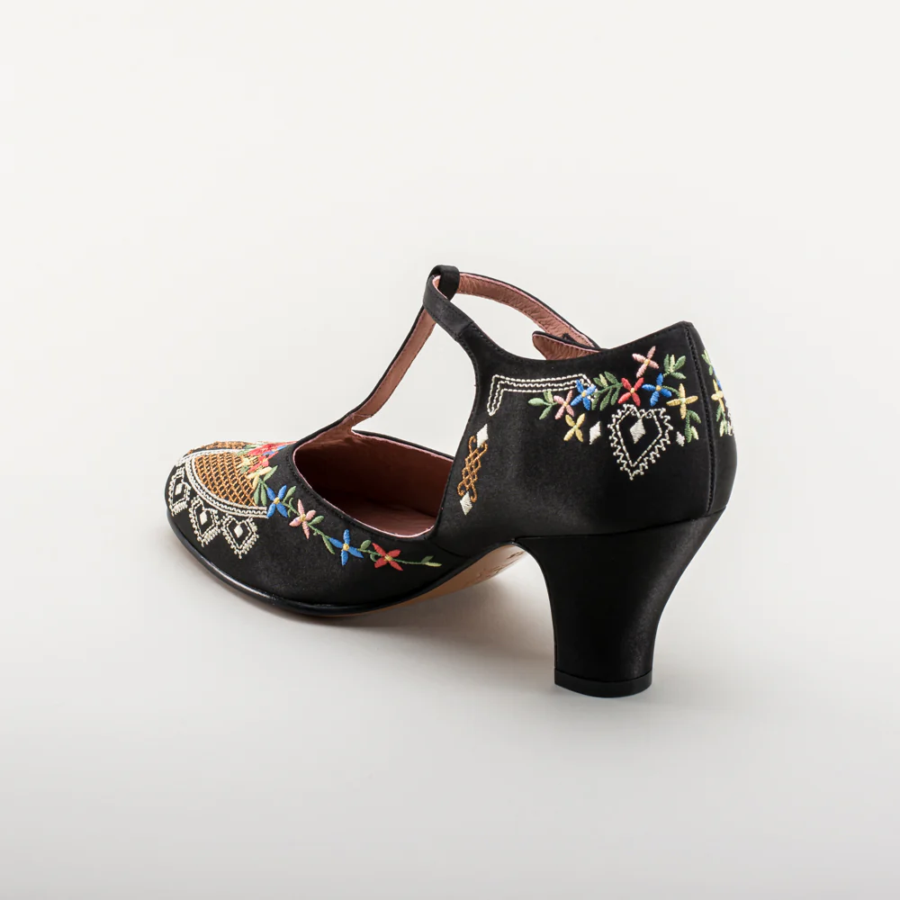 Daisy Embroidered T-Straps (Black) - Image 6