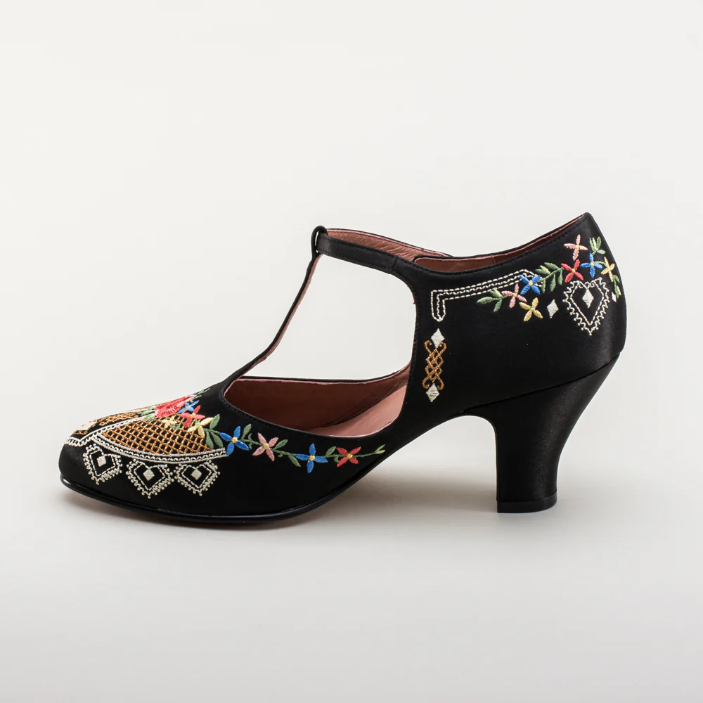 Daisy Embroidered T-Straps (Black) - Image 7