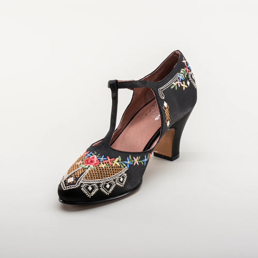 Daisy Embroidered T-Straps (Black) - Image 8