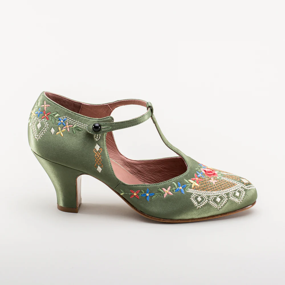 Daisy Embroidered T-Straps (Green) - Image 6