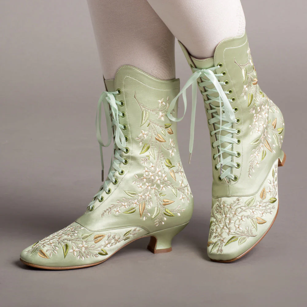 Flora Embroidered Boots Wide (Celadon Green) - Image 2