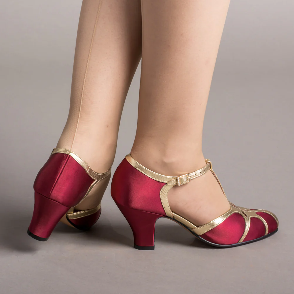 Lilith Vintage Flapper T-Straps (Burgundy/Gold) - Image 3