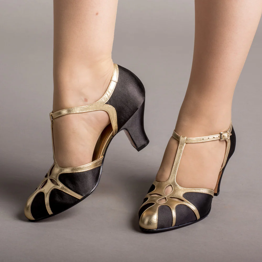 Lilith Vintage Flapper T-Straps Wide (Black/Gold) - Image 2