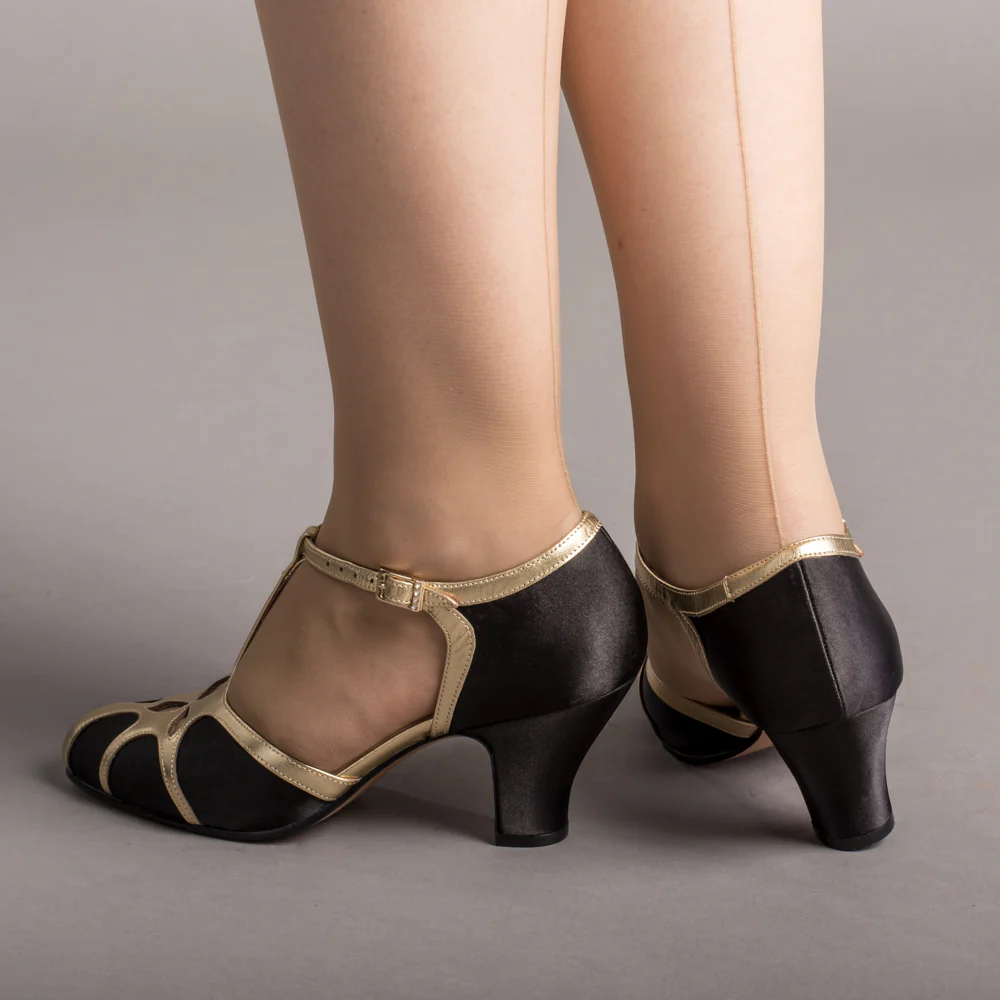 Lilith Vintage Flapper T-Straps Wide (Black/Gold) - Image 3