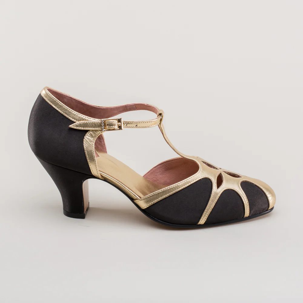 Lilith Vintage Flapper T-Straps Wide (Black/Gold) - Image 6