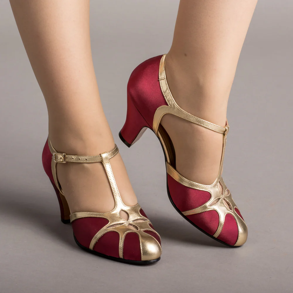 Lilith Vintage Flapper T-Straps Wide (Burgundy/Gold)