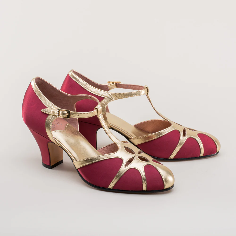 Lilith Vintage Flapper T-Straps Wide (Burgundy/Gold) - Image 4