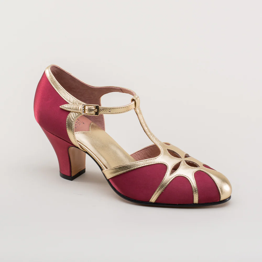 Lilith Vintage Flapper T-Straps Wide (Burgundy/Gold) - Image 5